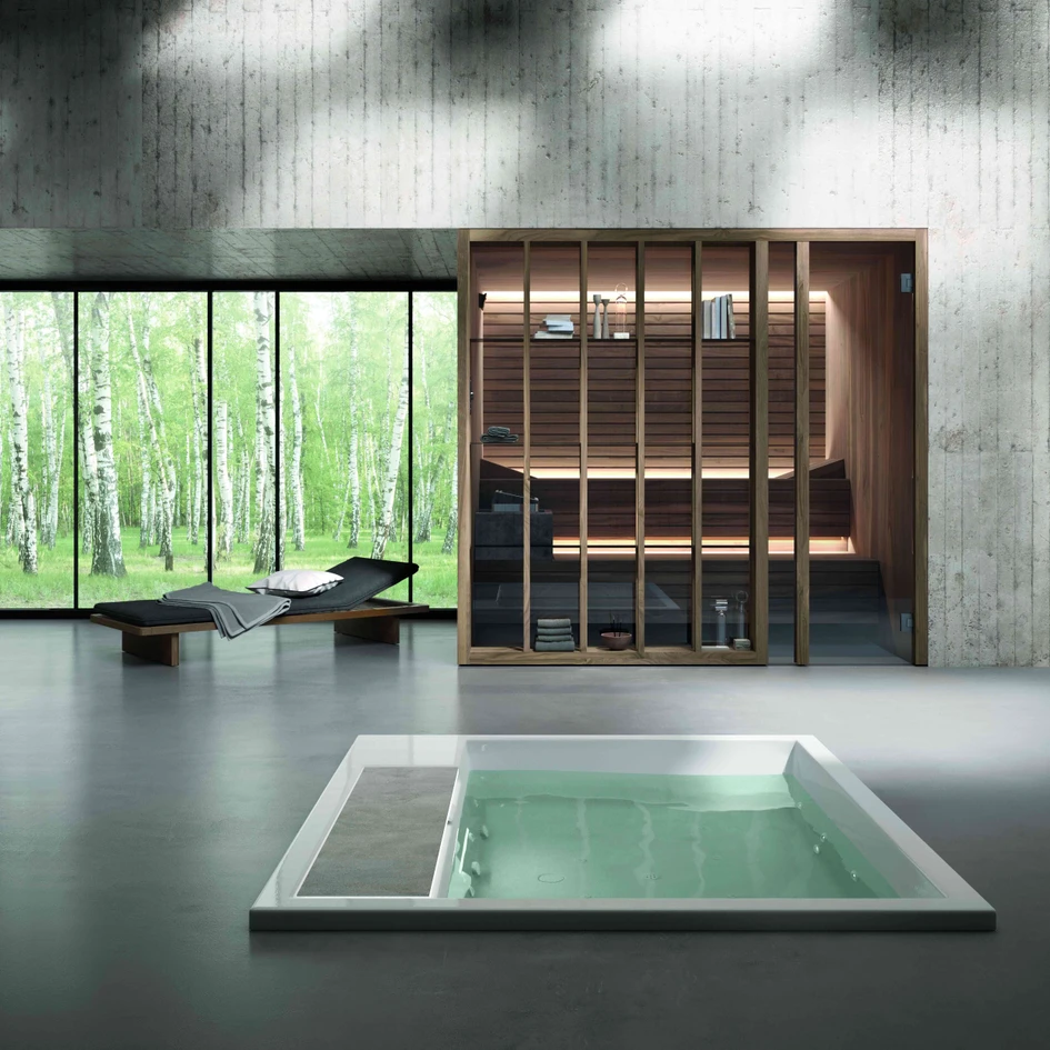 Arranged in front of the sauna, the shelving can be used to obscure the interior and better integrate the structure into the room. Filled with plants, the connection to nature only increases