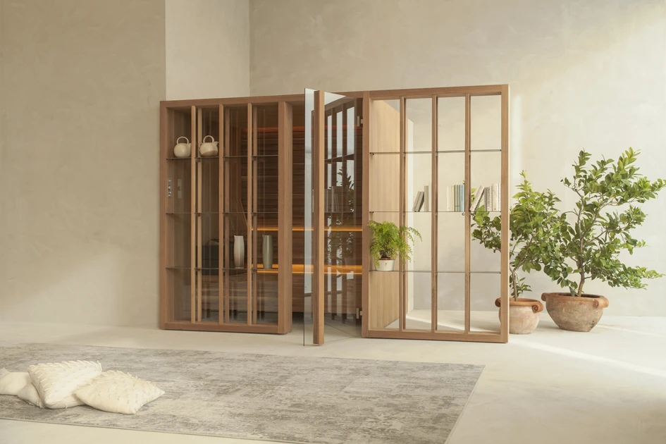 Yoku’s design includes shelving that can be positioned in a number of different ways and serves to tie the structure visually into the space