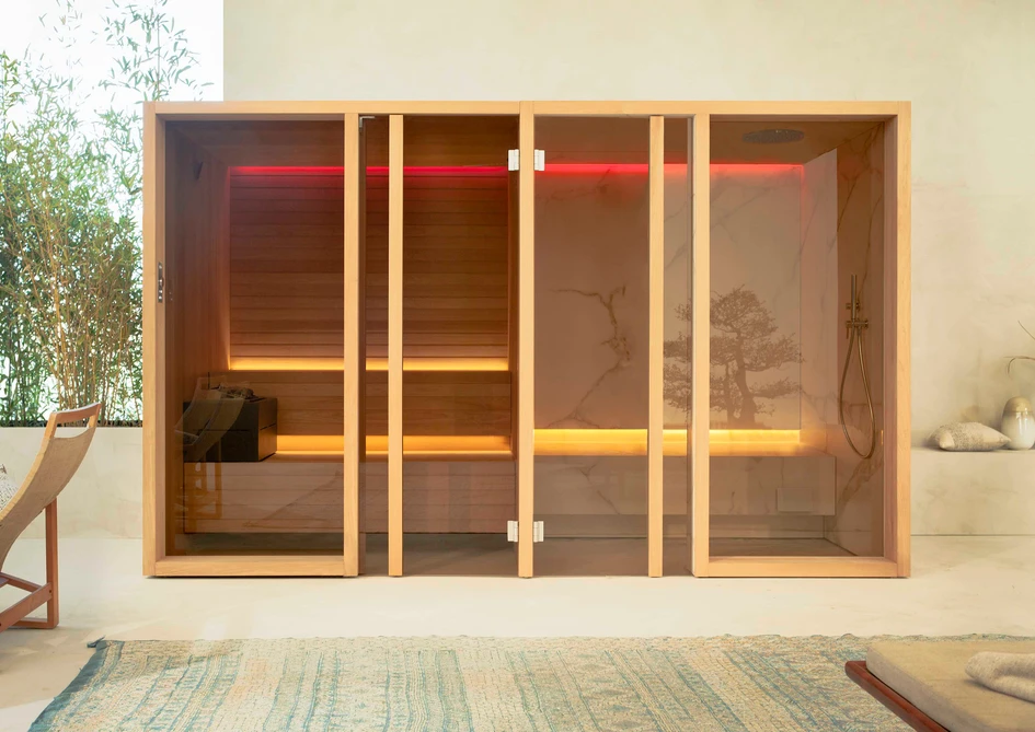 The materials used in the Yoku collection are chosen to bring a sense of nature to interiors. Heat-treated aspen or walnut for the sauna, and grès stoneware for the steam room and shower