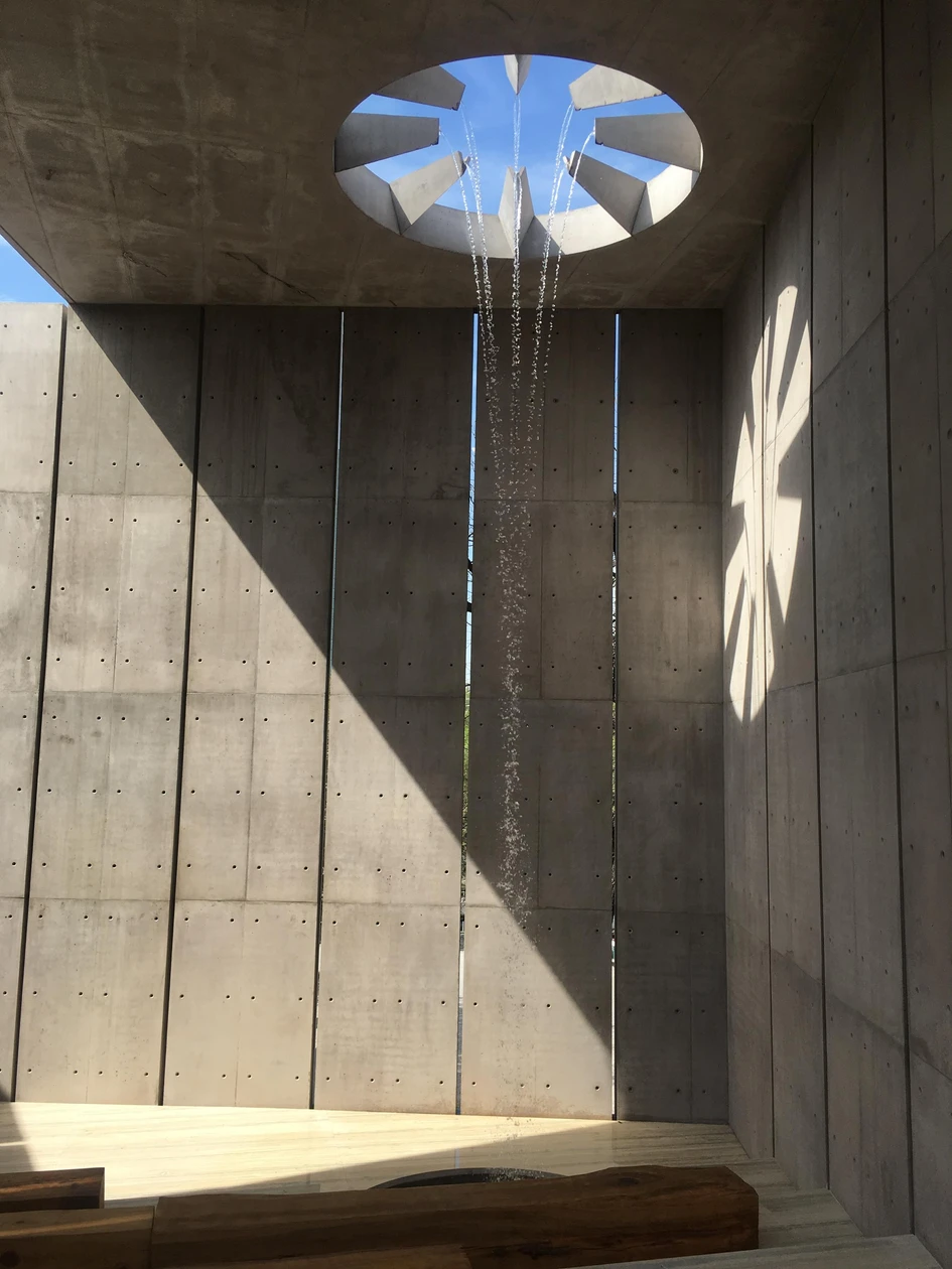 The Gotthard-Müller School (top) and TEC's Reflection Space (middle) with interior waterfall (bottom). Photos: David Matthiessen (top) and Takker de Arquitectura X (middle, bottom)