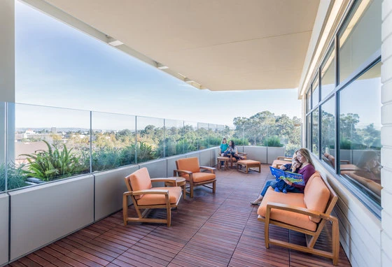 Maggie's Centre Leeds is tucked away in a bubble of nature (top) and the Lucile Packard Children's Hospital has outdoor spaces to play and rest (middle, bottom). Photos: Hufton+Crow (top), Steve Babuljak (middle), Emily Hagopian (bottom)