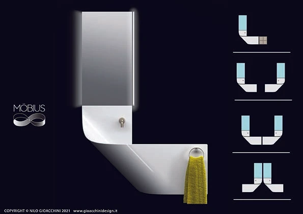 Seen here is the BU Series bathroom accessories collection by Foshan Blue Sanitary Ware co., Ltd. and Blue Sanitary Design Team Germany (top); MÖBIUS by Nilo Gioacchini Design and Viglacera Trading JSC – a washbasin with shelf and counter (bottom)