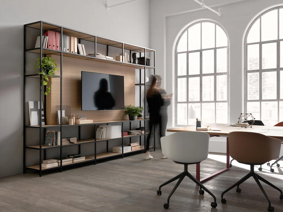 Offene Regale trennen bei Tosca Debt Capital (oben) Besprechungen vom Arbeitsbereich, während sowohl das GRID-System (Mitte) als auch Biblos von Martex (unten) dasselbe zu Hause tun. Foto: Andrew Smith SG Fotografie (oben)