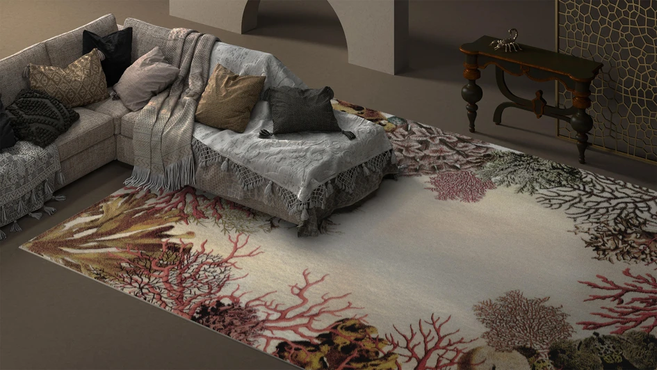 Der Xuhui Runway Park bietet einen öffentlichen Raum, der nach einem klaren Muster organisiert ist (oben), während Teppiche wie Coral Loss (unten) von YO2 Zonen in häuslichen Umgebungen abgrenzen. Foto: Insaw Photography (oben)