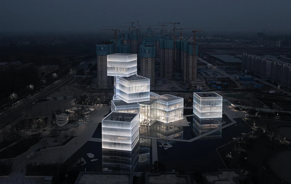 For its Cultural Tourist Center project in Xinxiang, China, lighting consultants PROL have installed luminaries between two glass layers, creating a subtle, lantern-like effect. Photos: TOPIA Vision