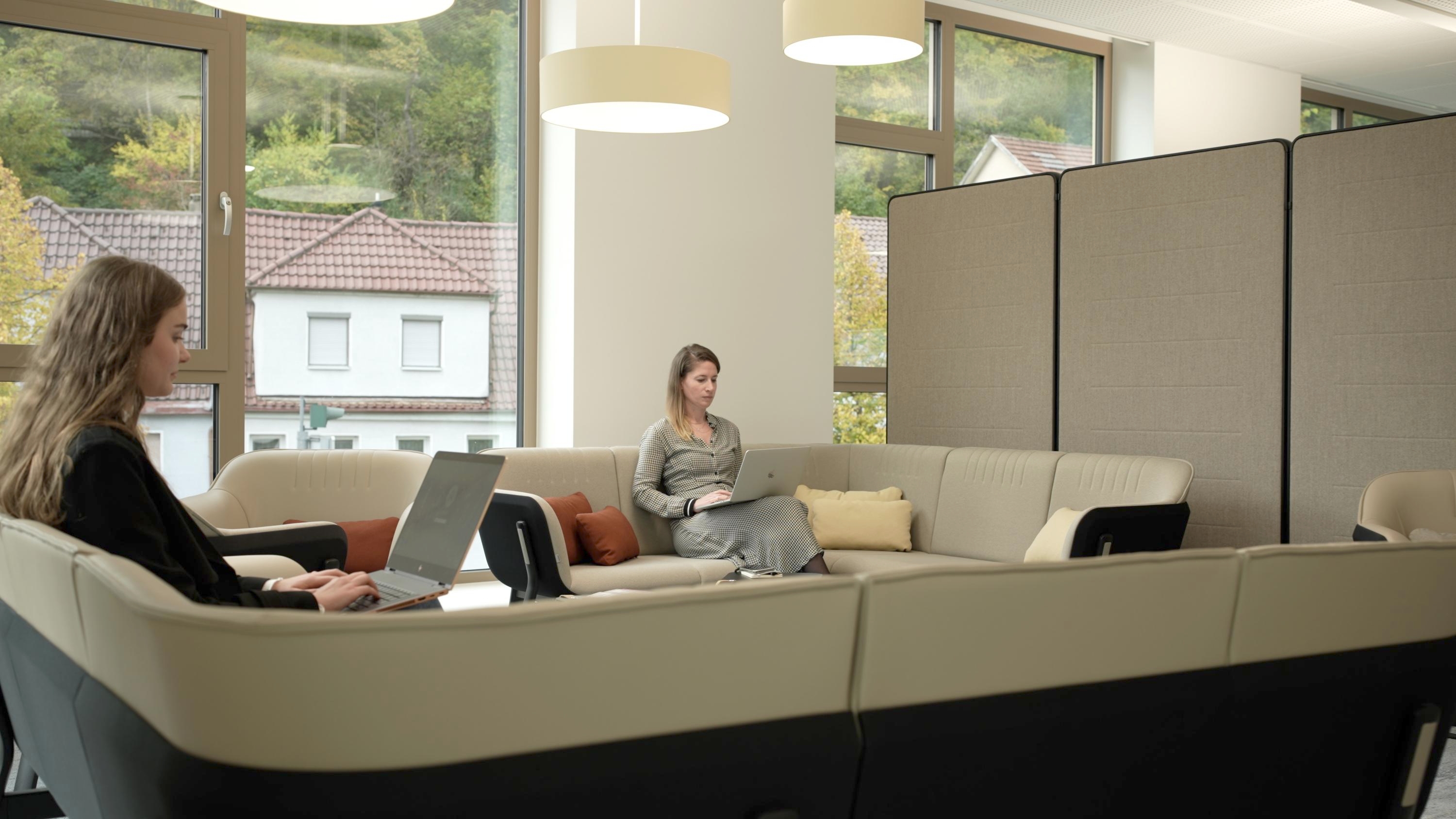 Interstuhl's HUB collection features in a new brand video (top) filmed at Volksbank Albstadt's HQ (bottom)