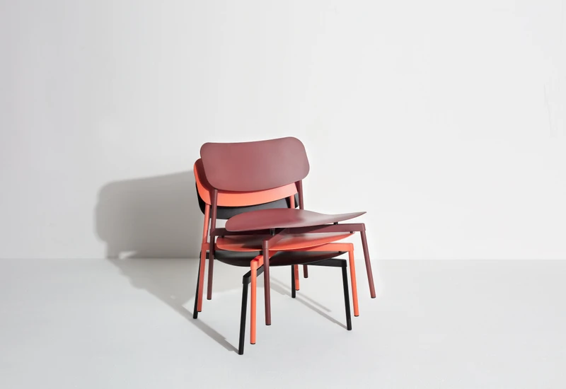 The Fromme stackable chairs and stool are equally at home indoors and out. Inspired by bike design, they have under-seat shock-absorbers for comfort and come in five colours plus upholstery options