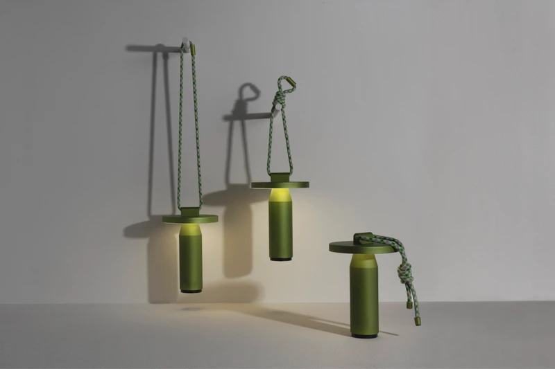 Petite Friture’s latest addition to the outdoor landscape is the flexible, nomadic, Quasar lamp, made from anodised aluminium and woven cord. It comes in five colours and has three light settings