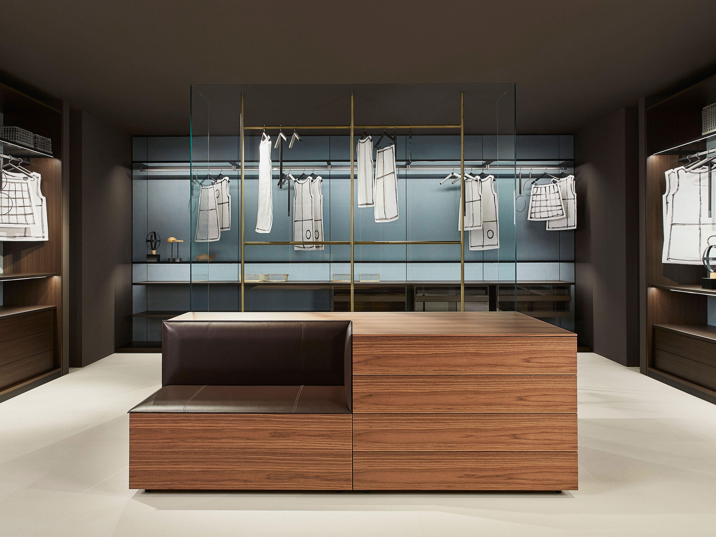Porro's Hub unit is part-seat, part-storage, allowing users to get the most out of their walk-in wardrobe's central space