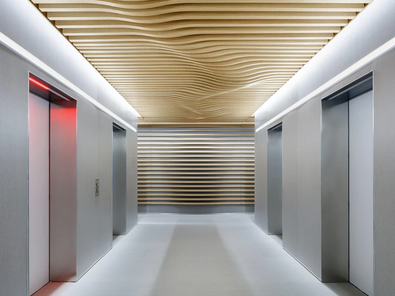 Spice and Barley's twin rattan vortexes, twisting themselves together into a stormy wooden ceiling (top, middle) and Lindner Group's COMPwood panels. Photo: William Barrington Binns (top, middle)