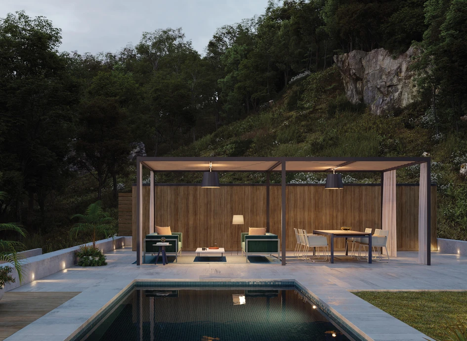 Die richtigen Sitzgelegenheiten, die Beleuchtung, die Heizung, die Oberflächen, auf denen sie stehen, und die Strukturen, in denen sie sich befinden, wie dieser Lounge-Pavillon von Kettal, sorgen für einen stilvollen und praktischen Poolrand