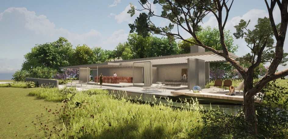 What looks like a residential paradise, where the indoor and outdoor space seamlessly merge, will, in fact, be a site for professionals to indulge, reflect and create