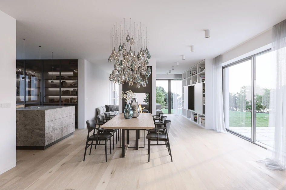 Stellar Dust sweeping organically at the entrance hall of J&T Bank in Prague (top), and Soap Mini as a constellation above the dinner table