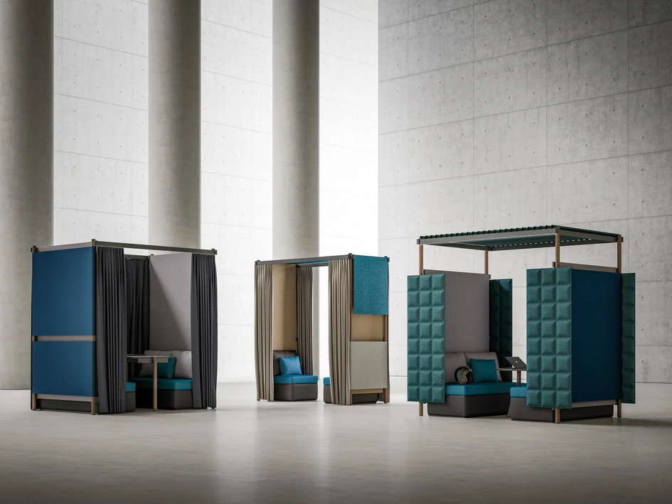 A six-person Open Meeting Pod from The Meeting Pod Co. (top), Boss Design’s circular Qube pod with sliding curved glass door (middle) and Faram 1957’s curtain-walled Bahlara Alcova pods (bottom)