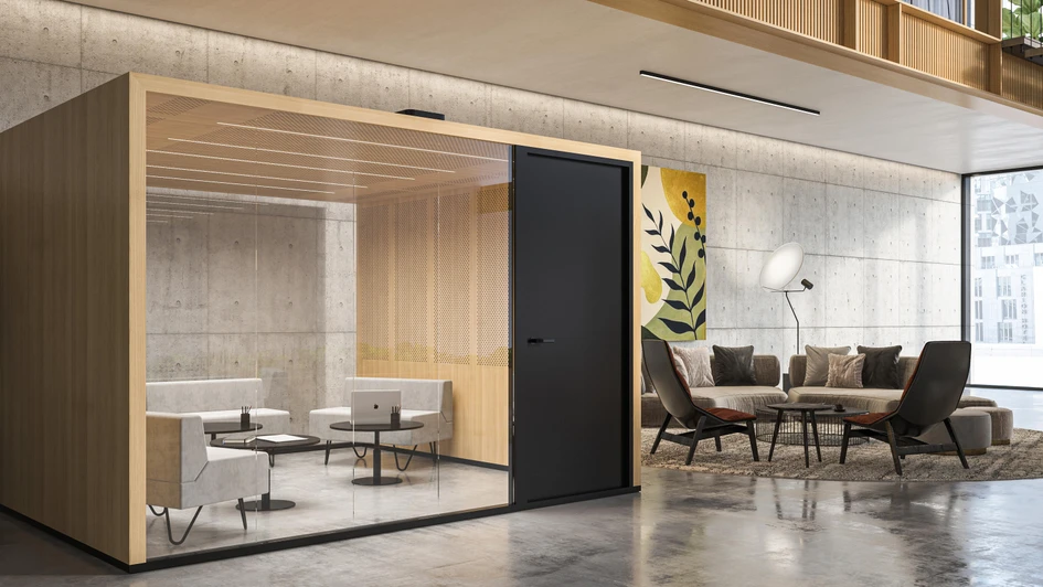 Framery’s Framery O single-person pod for private calls (top), Boss Design’s Mews Focus pod with more generous measurements and homely features (middle) and Taiga Concept’s 10-28 sqm structure (bottom)