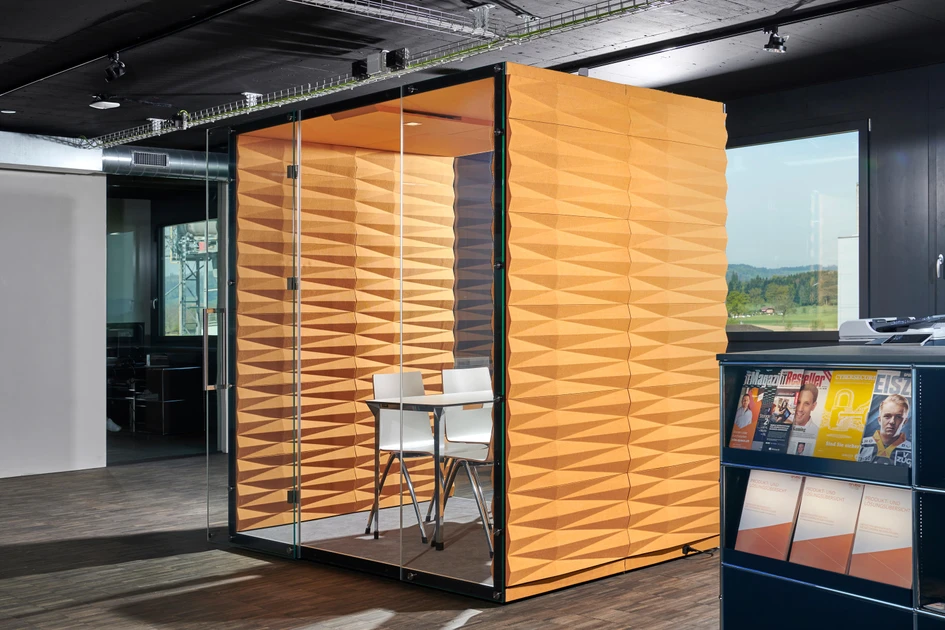 Silentlab’s Quadrio range is wrapped in colourful padded cushioning (top), while the VANK Wall Box family’s decorative walls serve multiple purposes inside and out (middle, bottom)