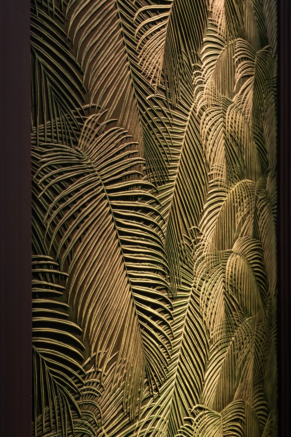 Palm, a textural design showing overlapping palm fronds, also by Karen Beauchamp, is inspired by the botanicals in Kew Garden’s tropical glasshouses