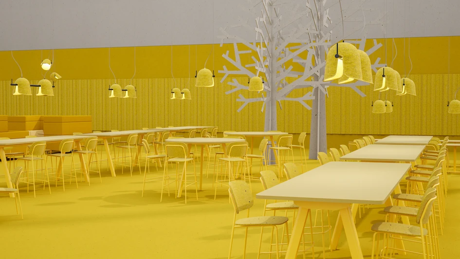 This imagined cafeteria uses Big Modular Table System, Hale PET Felt Stack Chairs and adjustable lamps made of the same sustainable material.