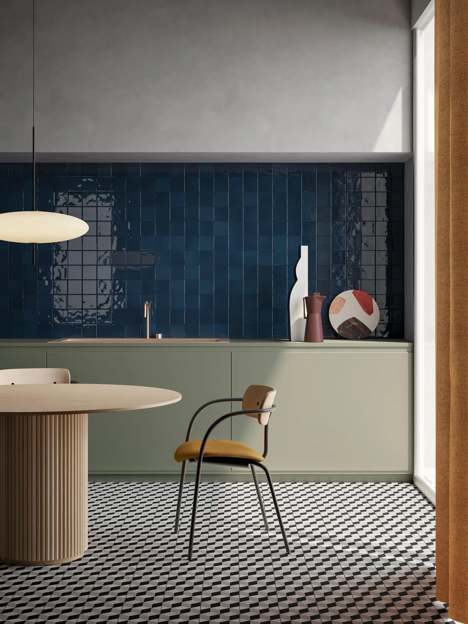VitrA’s Retromix tile mosaics combine bold colours of similar hues to create sparkling surfaces with artificial depth