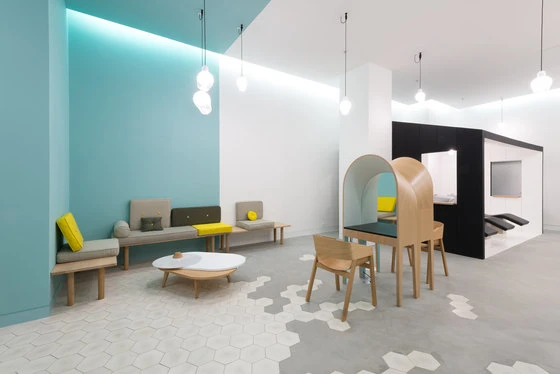 Margaux Keller’s Le Coiffeur hair salon floor combines honeycomb tiles and poured concrete in a mixture of materiality. Photo: Laure Mélone for Margaux Keller
