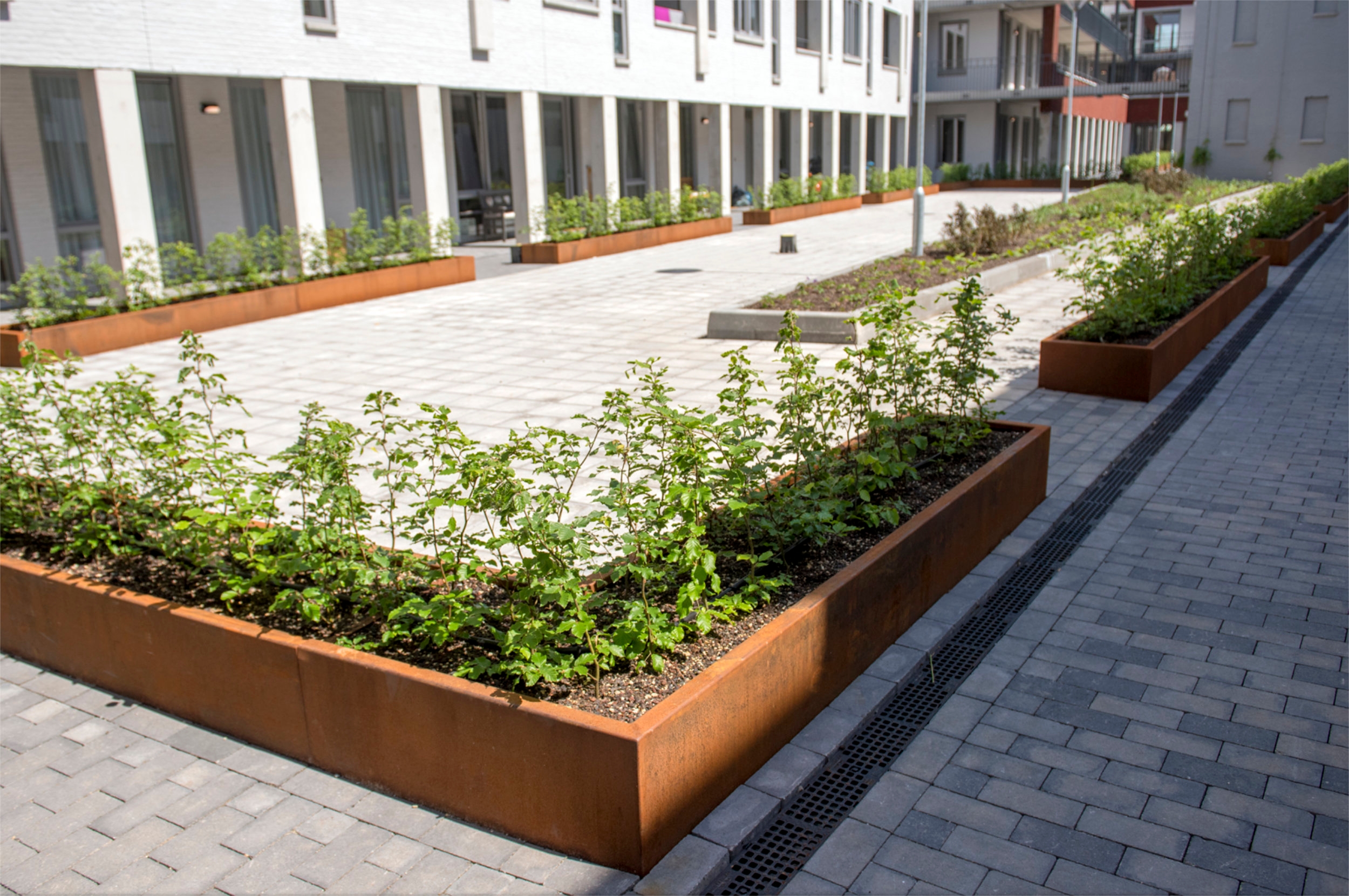 Corten steel planters in strong graphic designs make the link between the built and natural worlds; seen here at the Parc Fontaine residential development, Eindhoven (top) and Molenweg, Nijmegen