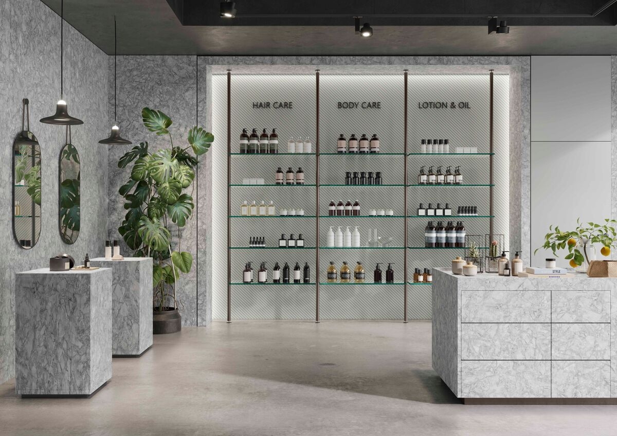 Huge selection: More than 200 decors are included in Resopal's Creative Selection. Combined in the picture are the designs Arctic Expedition, Marin Grey and Jura Grey