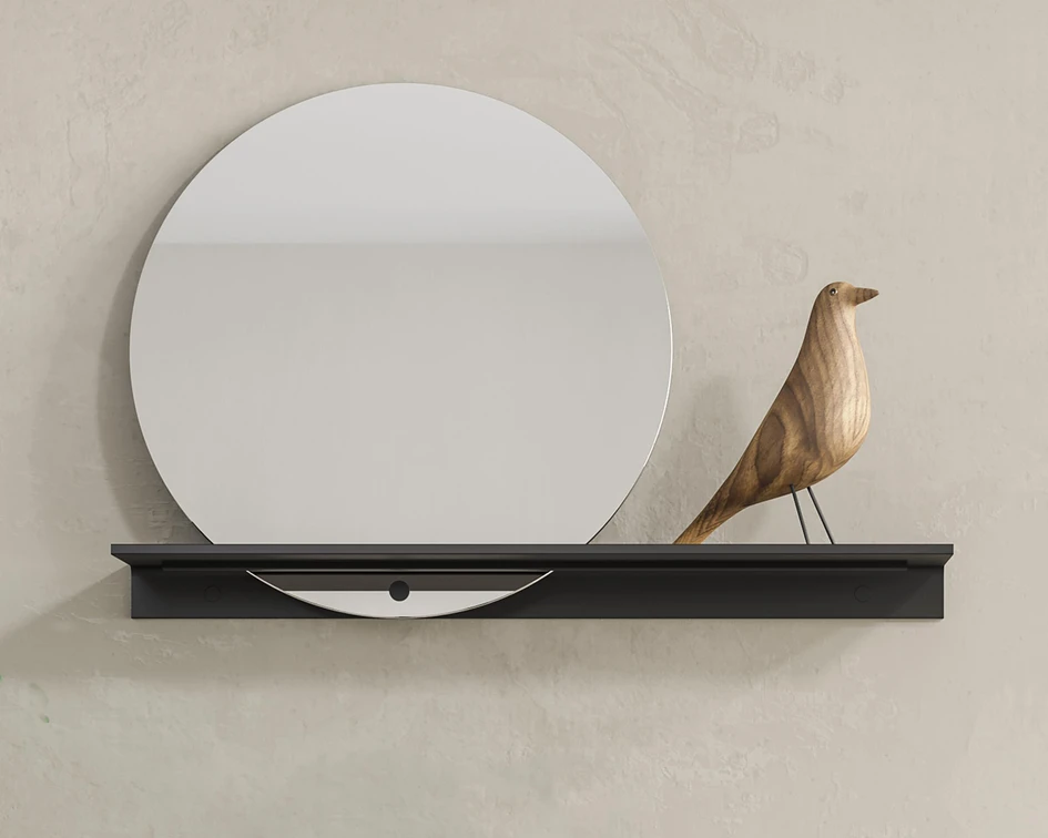 Leev is a thoroughly modern family of shelving and holders. The sleek, linear design adapts easily to different functions (such as holding a mirror) and integrates well into other rooms of the house