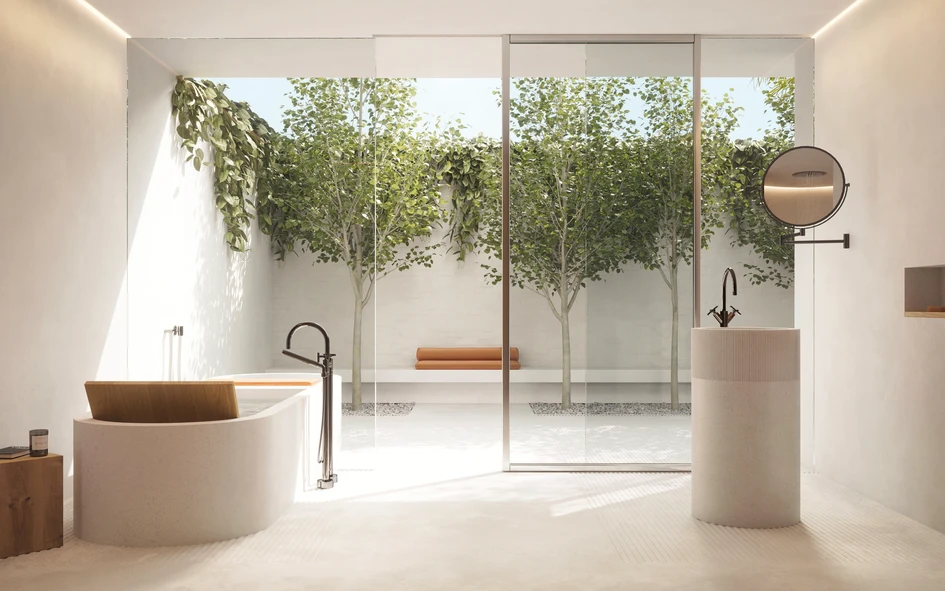 The new bathroom architecture from Dornbracht shows Tara in Dark Chrome in different variants