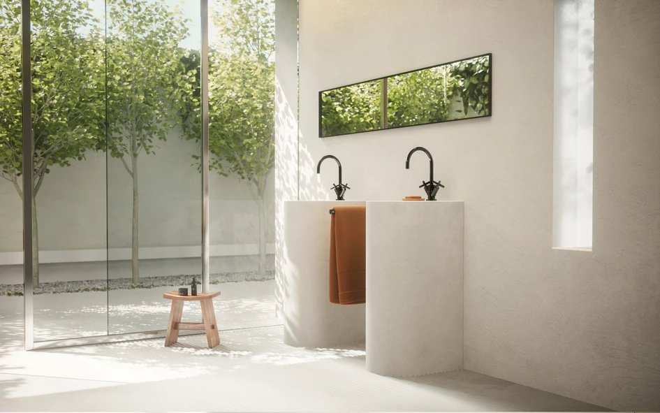 Tara as a freestanding variant (top). The original form of the classic Tara as a single-hole basin mixer (bottom)