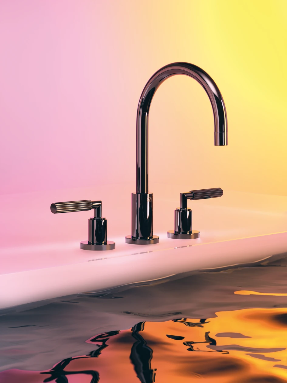 Tara in the new surface Champagne (top). Tara in Dark Chrome with lever handles (bottom)