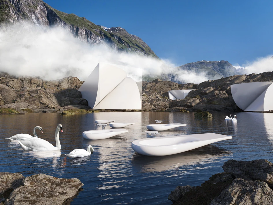 In creating the five pieces, the Snøhetta team was inspired by the bird-like qualities of ILBAGNOALESSI's graceful curves. The renderings were created by Dutch visual specialists Plomp