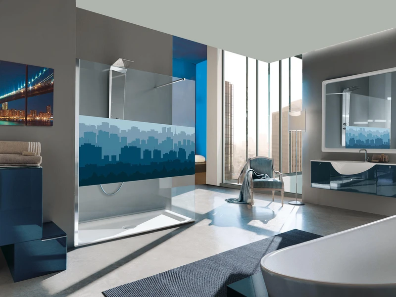 Casa Tre Viste’s wall-set shower door connects the bedroom to its ensuite’s shower space (top) and Samo’s digital-printed screens (bottom) both cover and decorate. Photo: Mattia Balsamini (top)