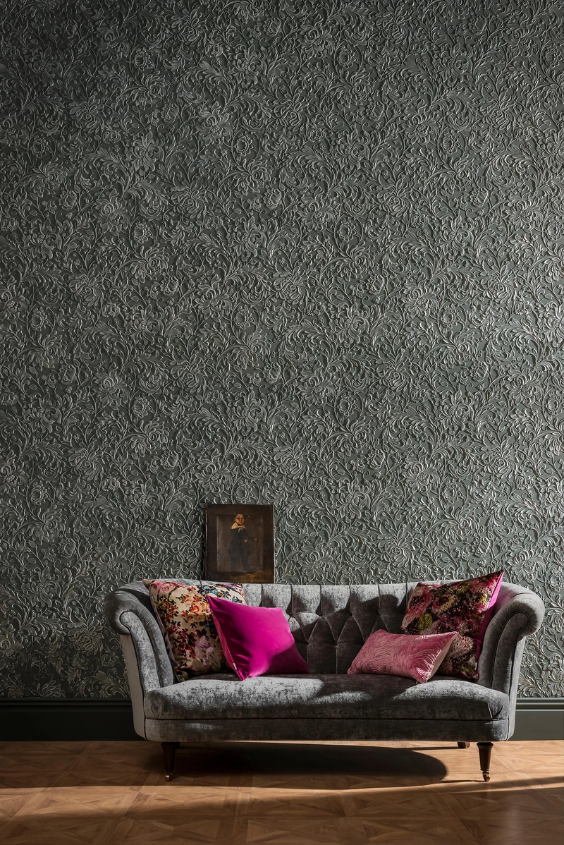 AZAB’s Mixtape apartment (top) with customised patterns in the floor tiles, and Lincrusta’s Kelmscott relief wallpaper bringing rich flavour to the walls (bottom). Photo: Luis Díaz Díaz (top)