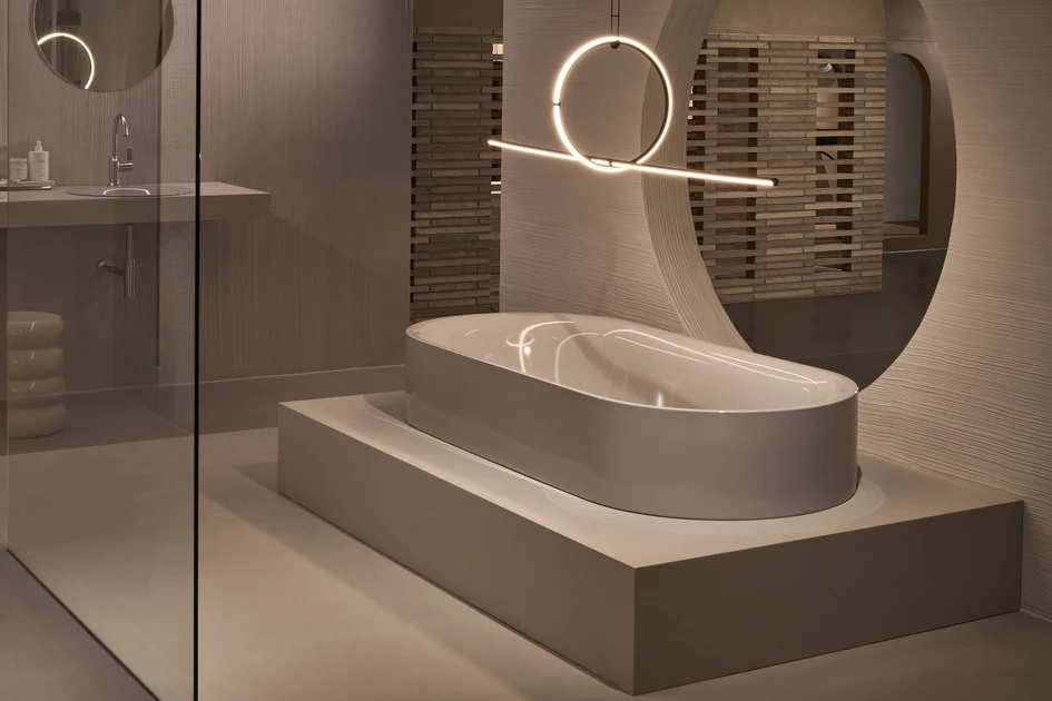 The 16 microhouses displayed show off highlights from different Bette collections, such as the Pond Silhouette (top) and Lux Oval Highline bathtub (bottom)