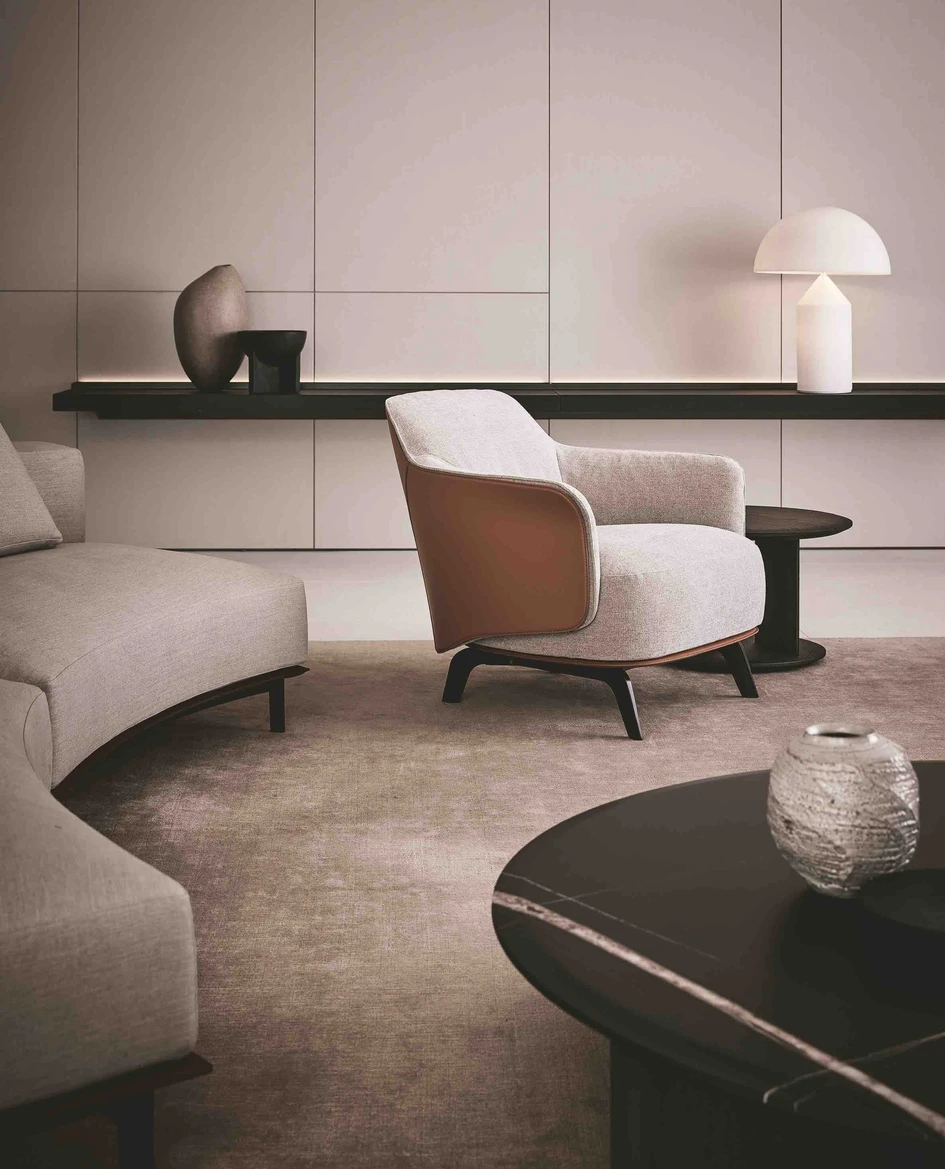 Jean Marie Massaud, who has designed for Poliform for many years, has created new pieces that sit comfortably together.They include the Brera Sofa, Kaori armchair and the Mush coffee table
