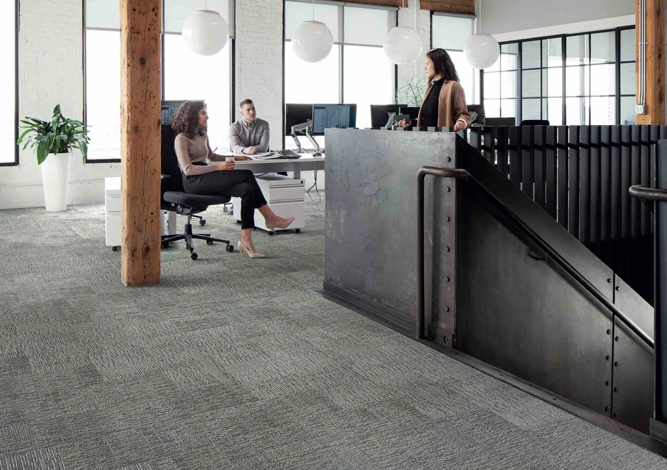 Top: Salamander's 'Greta' window profile with a concrete appearance is made from recycled PVC. Below: Interface Deutschland has developed the 'Embodied Beauty' carpet tiles, which store more CO2 than they emit