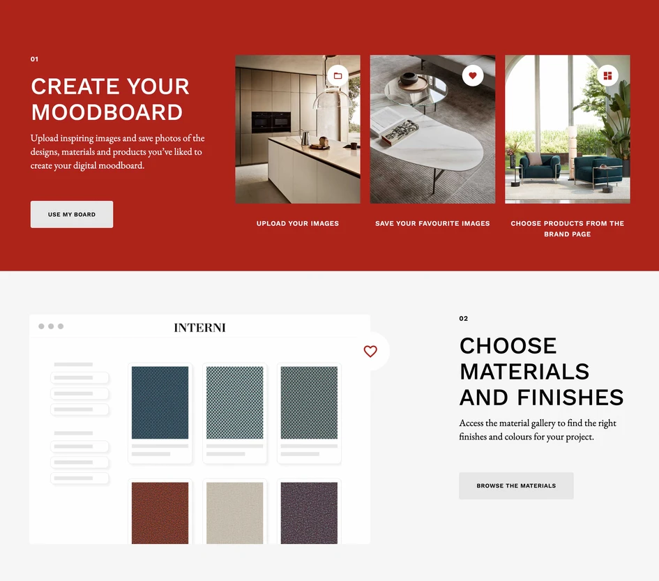 Angeführt von dem intuitiven Moodboard und Kundenportal bieten die neuen Online-Tools von Interni eine wichtige Designplattform für die Geschäftspartner:innen des Unternehmens weltweit