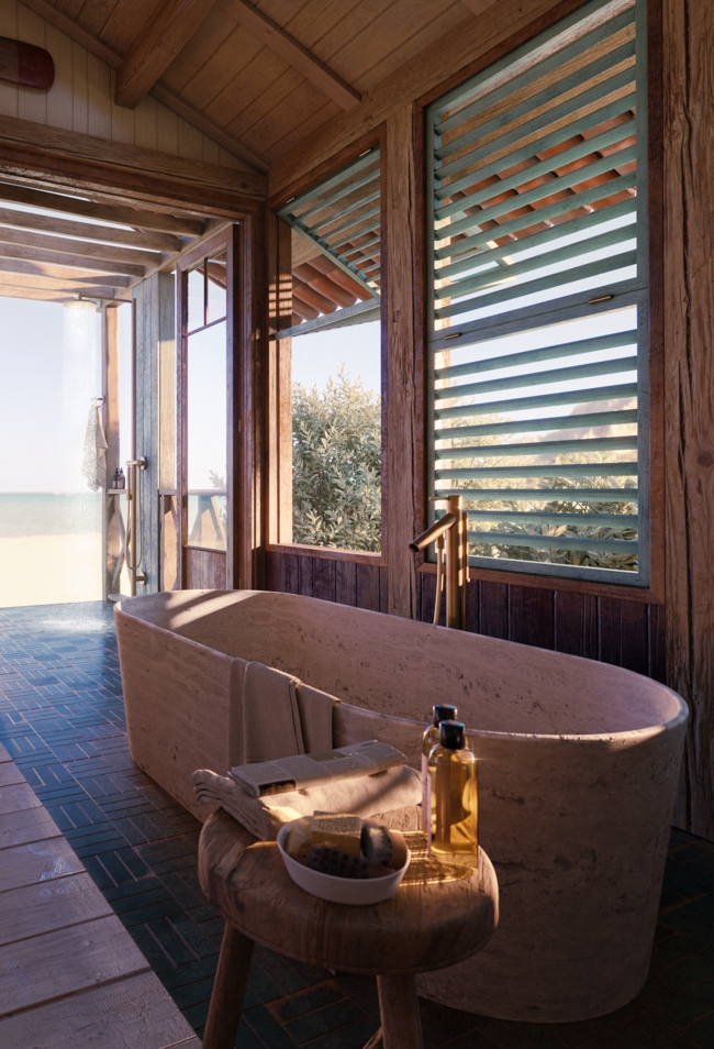 The house's raw, wooden architectural elements set the tone for a space that sits in perfect harmony with its idyllic, natural environment