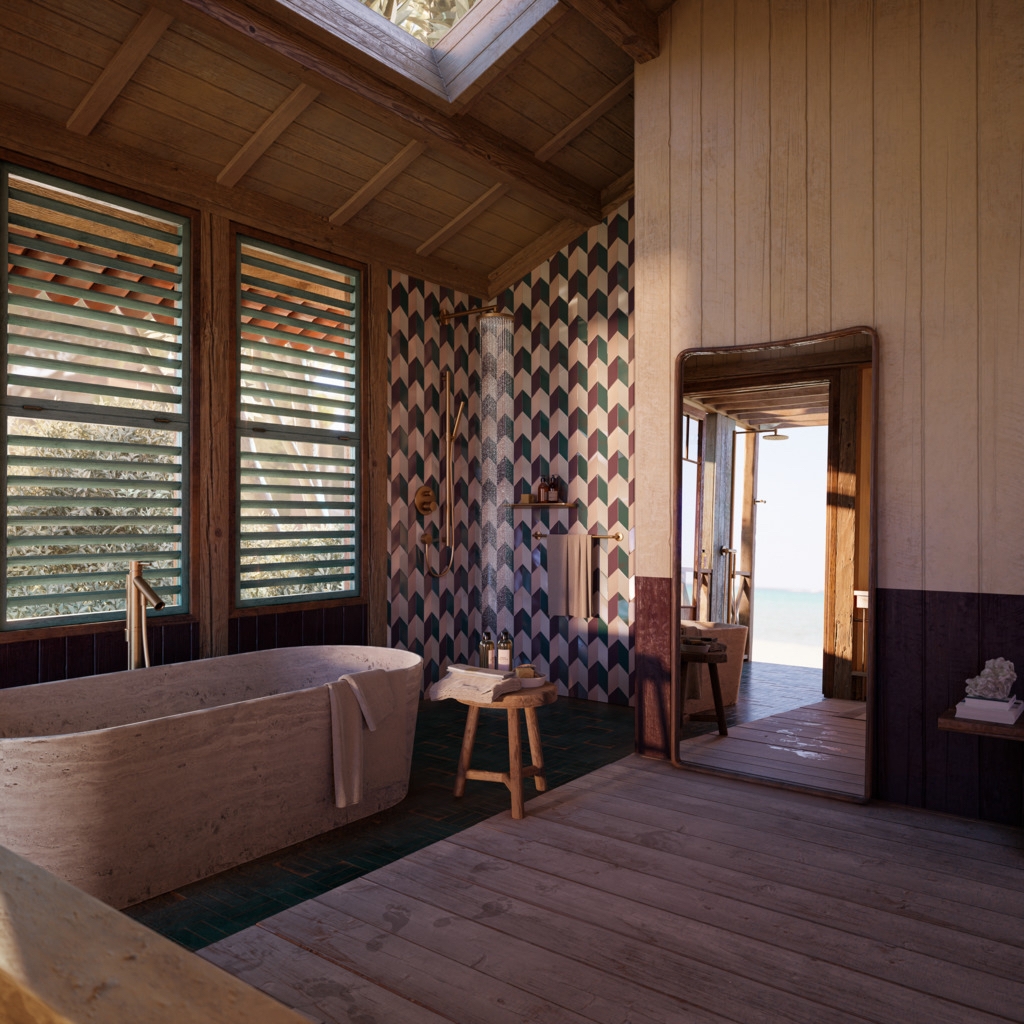 Alongside the wooden backdrop, soothingly toned travertine bathtub and washbasins, and tiles of emerald green and aubergine combine with the warm glow of the fittings' PVD surfaces