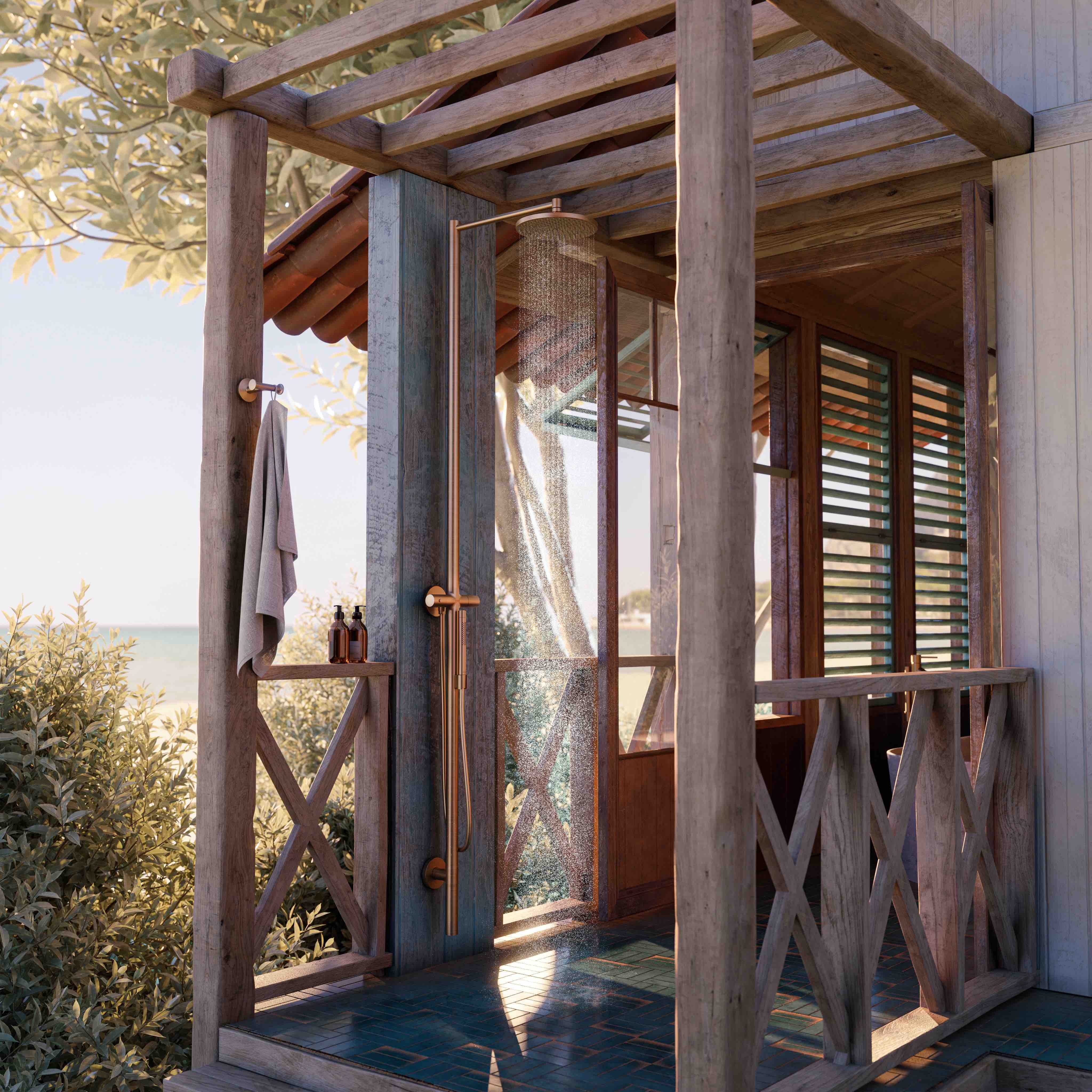 Indoor and outdoor space typologies blend together seamlessly at the beachside retreat. With an energising half-open shower bringing visitors closer to nature with every drop