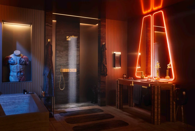 Given a high-rise apartment in Hong Kong to transform, Tristan Auer was inspired by the city's combination of busy streets and futuristic skyscrapers, referencing the film Blade Runner
