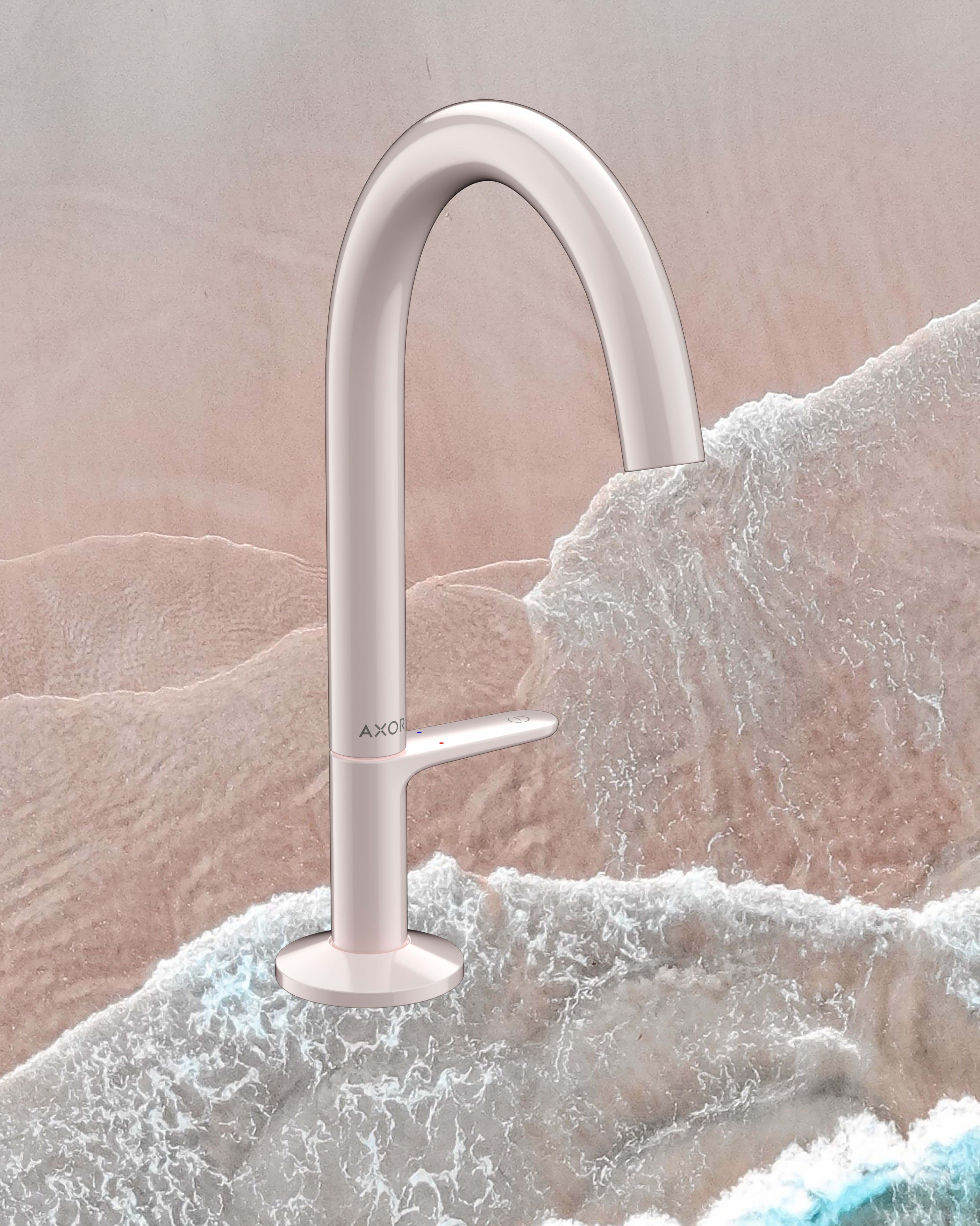 The AXOR One mixer in aquamarine (top) captures the calm character of the sea, Coral (middle) has a warmer, magical tone and the Shell version (bottom) is a cool, greyish pink