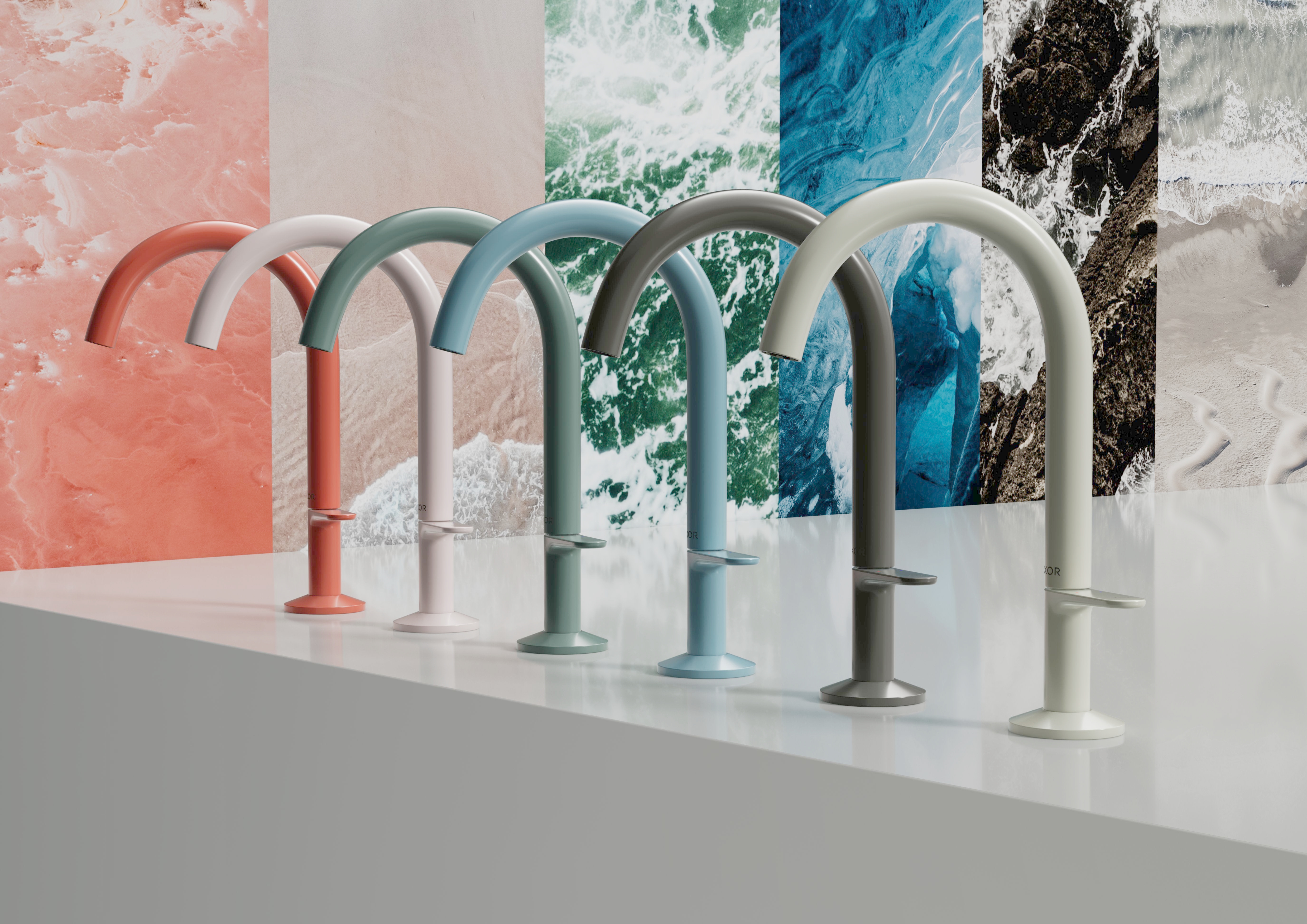 Barber & Osgerby's AXOR One collection, with six colour options (L-R: Coral, Shell, Aquamarine, Ice, Stone and Sand) inspired by the sea and its relationship with the land