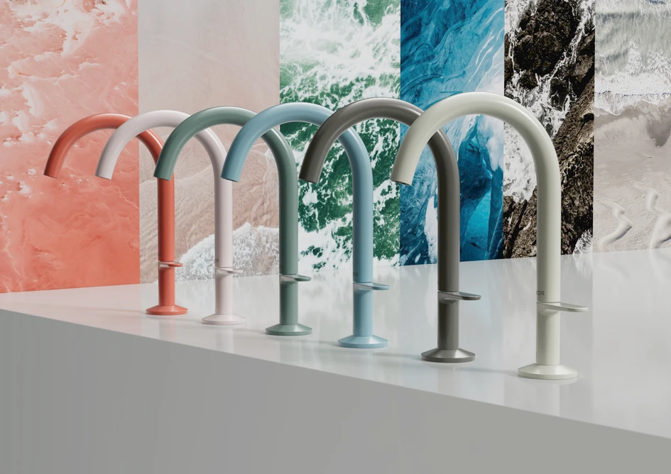 Barber & Osgerby's AXOR One collection, with six colour options (L-R: Coral, Shell, Aquamarine, Ice, Stone and Sand) inspired by the sea and its relationship with the land