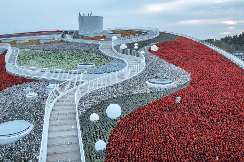 The butterfly-shaped Century Pavilion lines stepped walkways atop its floral canopy (top), from where ecological installations can be viewed (middle), accessible via rippled bridge. Photos: Wenyi Liu