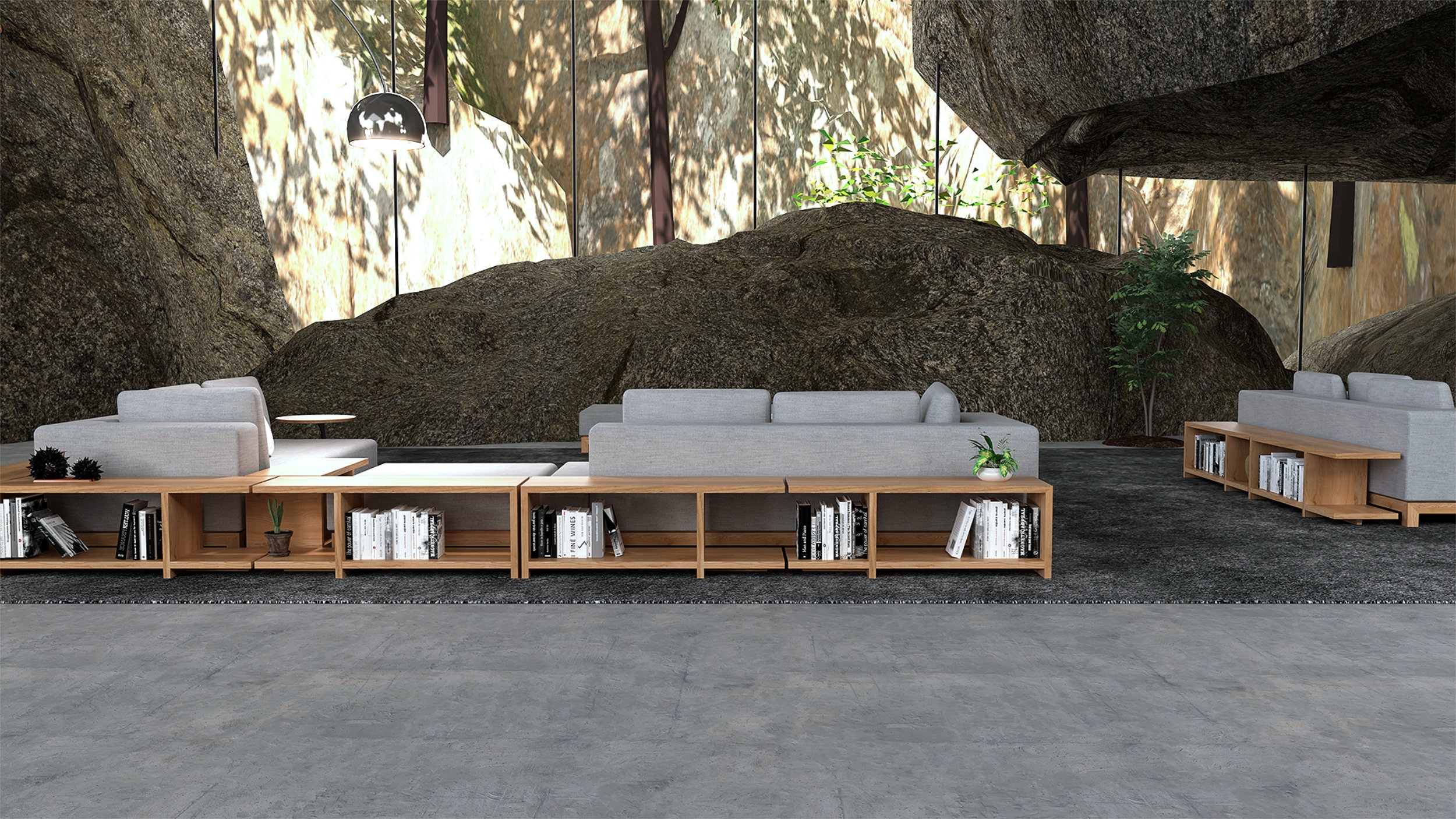In Fujimoto's virtual world, the delicacy and craftsmanship of CondeHouse's furniture contrasts with the natural rocky environment in which it is set