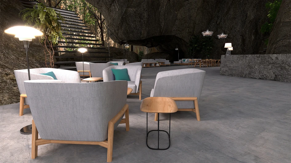 The Hokkaido Rock House project sees different CondeHouse pieces such as the Wing Lux armchair (top) and Ten armchair and table (bottom) set in an immersive virtual space inspired by the landscapes of Sounkyo