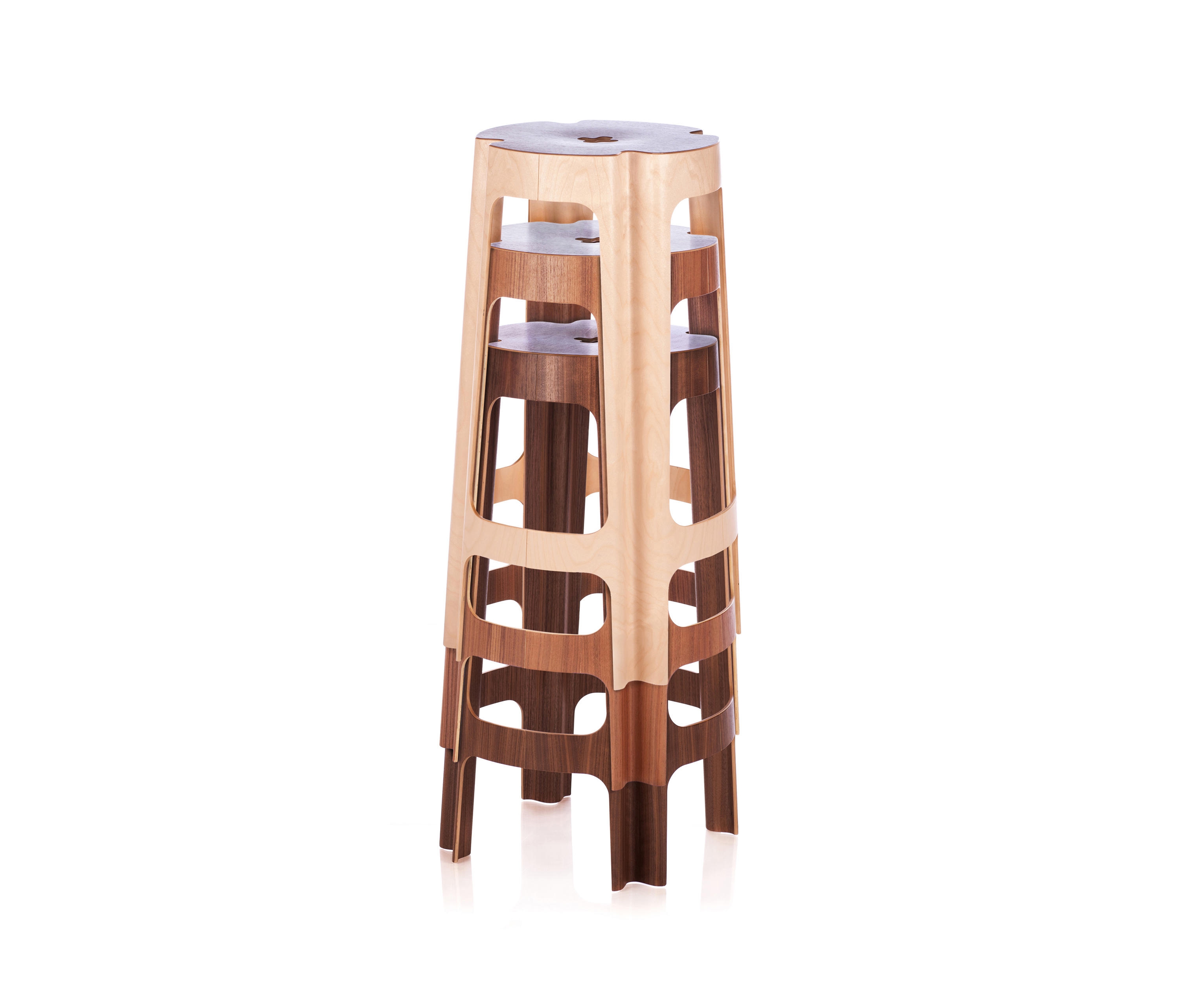 Both Dvelas’ Ris stools (top) and Riga Chair’s Bloom Bar stools (middle, bottom) are perfect for temporary hospitality use, either folding or stacking away neatly