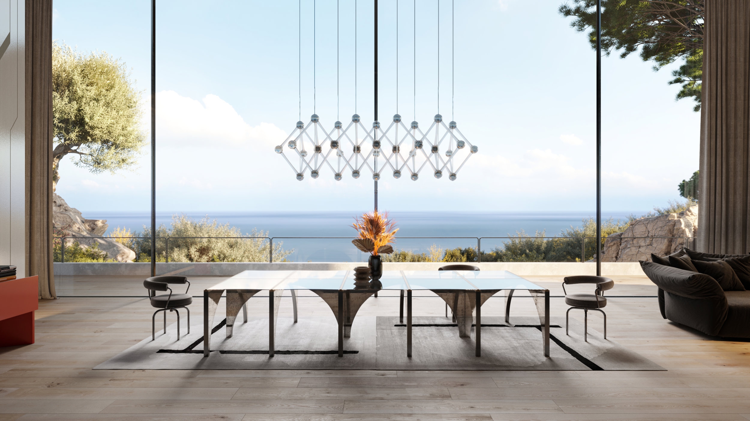 Mirage’s EpicArc collection upturns conventional table design, setting glass tops on top of ceramic arches and triangular pedestals for a strong architectural impact