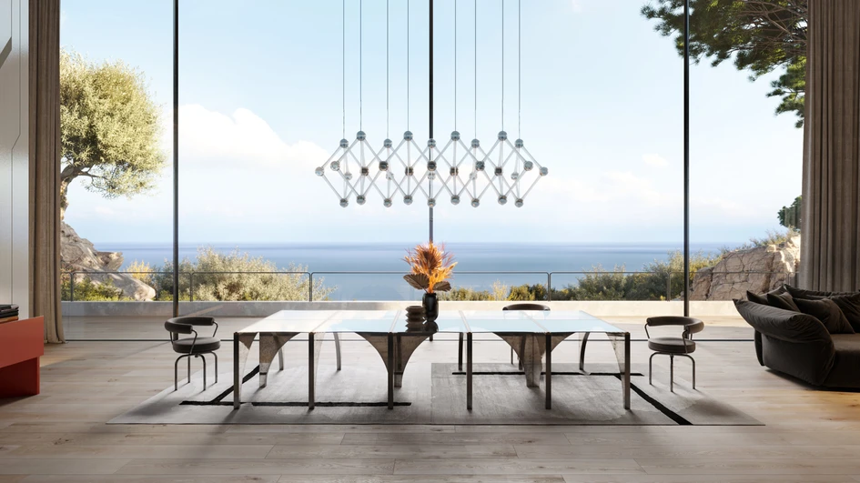 Mirage’s EpicArc collection upturns conventional table design, setting glass tops on top of ceramic arches and triangular pedestals for a strong architectural impact